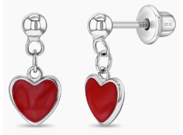Sterling silver red enamel dangle heart earring with screw back closure