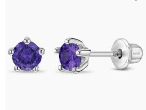 Sterling Silver 4mm birthstone cubic zironia February earrings with screw backs