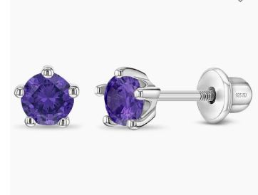 SS .jpg Sterling Silver 4mm birthstone cubic zironia February earrings with screw backs