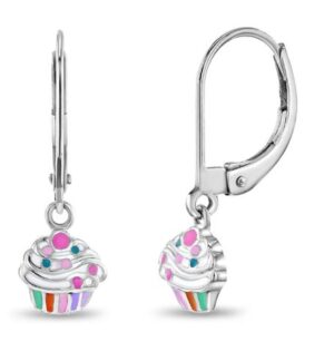 Sterling Silver enamel cupcake dangle earring on lever backs