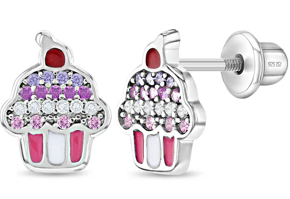 SS .png Sterling Silver cz cupcake childs earring with screw backs