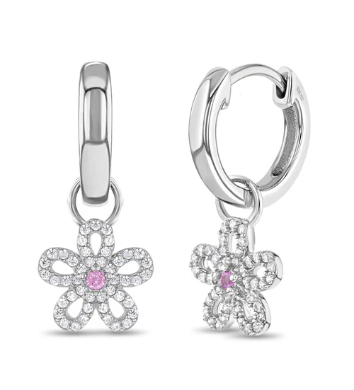 SS Sterling Silver groovy cubic zirconia dangle flower huggie hoop earring