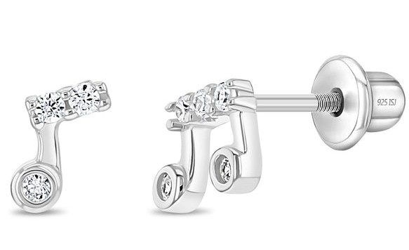 SS .jpg Sterling Silver cubic zirconia musical note earrings with screw back closures