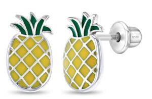 Sterling Silver lucky pineapple enamel kids earrings with screw backs