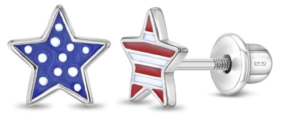 Sterling Silver rhodium plated patriotic stars childs earring with screw back closure