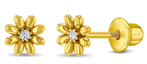 Sterling Silver gold plated puffed blossom flower cubic zirconia stud earring with screw back closure