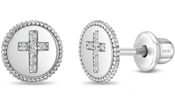 SS Sterling Silver cubic zirconia cross disc earrings