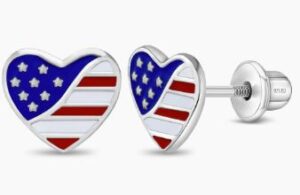 Sterling Silver patriotic heart stud earrings with screw back closure