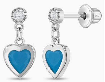 Sterling Silver turquoise and cubic zirconia dangle heart earring with screw backs