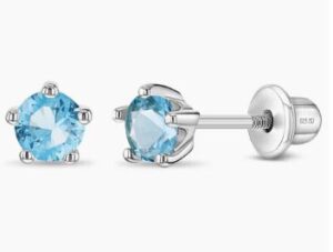 Sterling Silver 4mm childs cz birthstone March screw back earrings