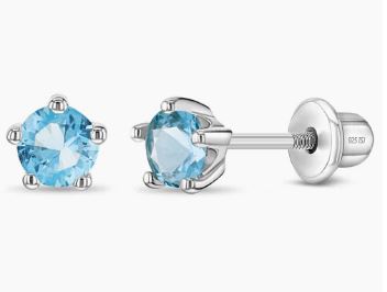 SS .jpg Sterling Silver 4mm childs cz birthstone March screw back earrings