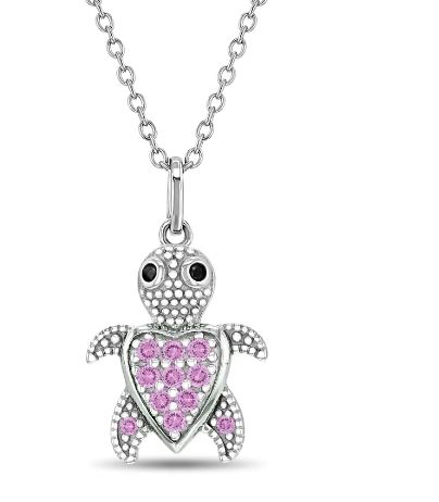 Sterling Silver pink cz turtle pendant necklace on adjustable chain