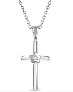 Sterling Silver pink cubic zirconia childrens flower cross pendant on adjustable chain