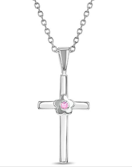 Sterling Silver pink cubic zirconia childrens flower cross pendant on adjustable chain