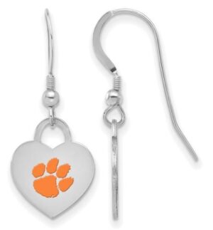 Sterling Silver rhodium plated orange paw print dangle heart disc earrings