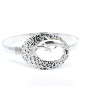 Sterling Silver mother and child dolphin oval hammered hook bangle bracelet 6mm