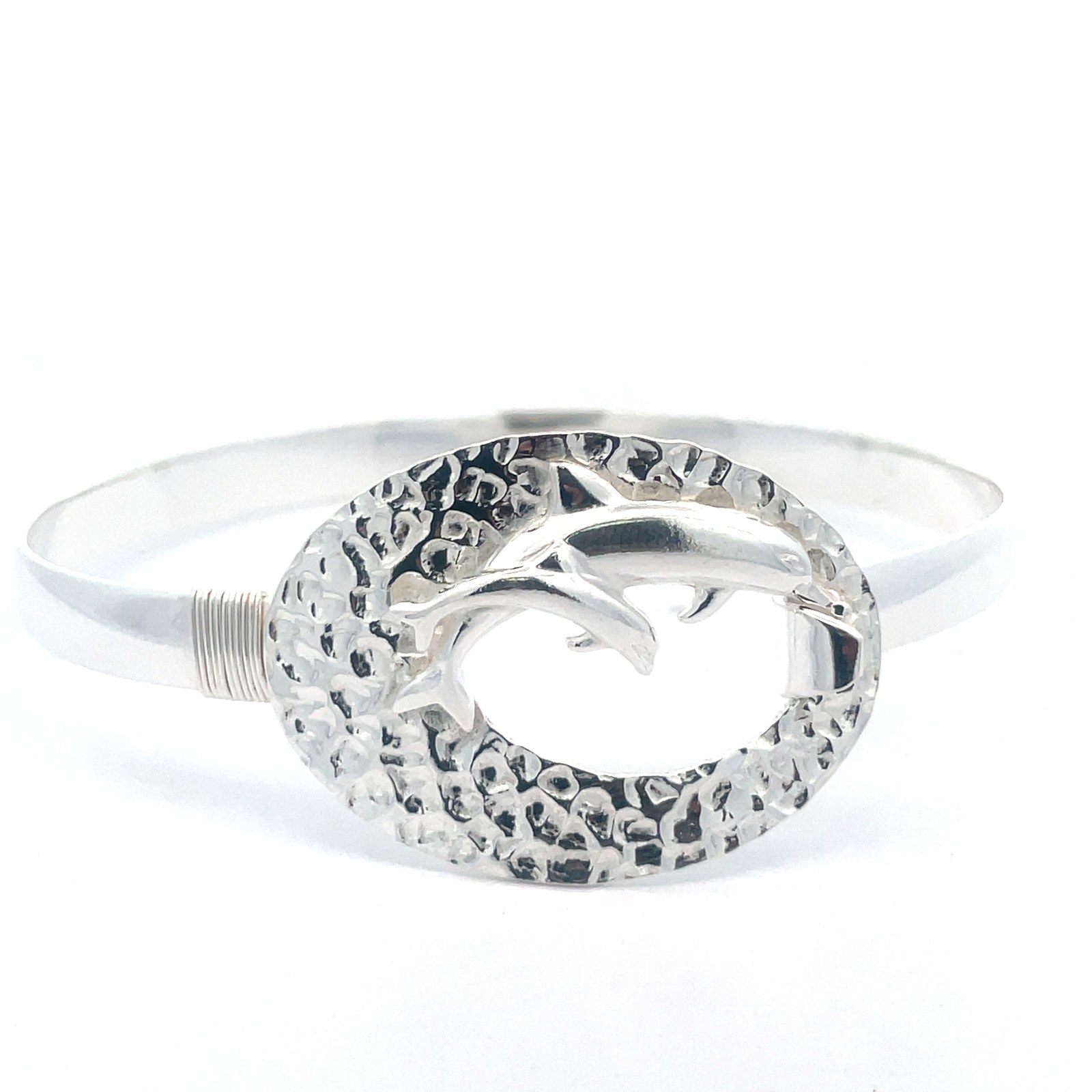 SS M .jpg Sterling Silver mother and child dolphin oval hammered hook bangle bracelet 6mm