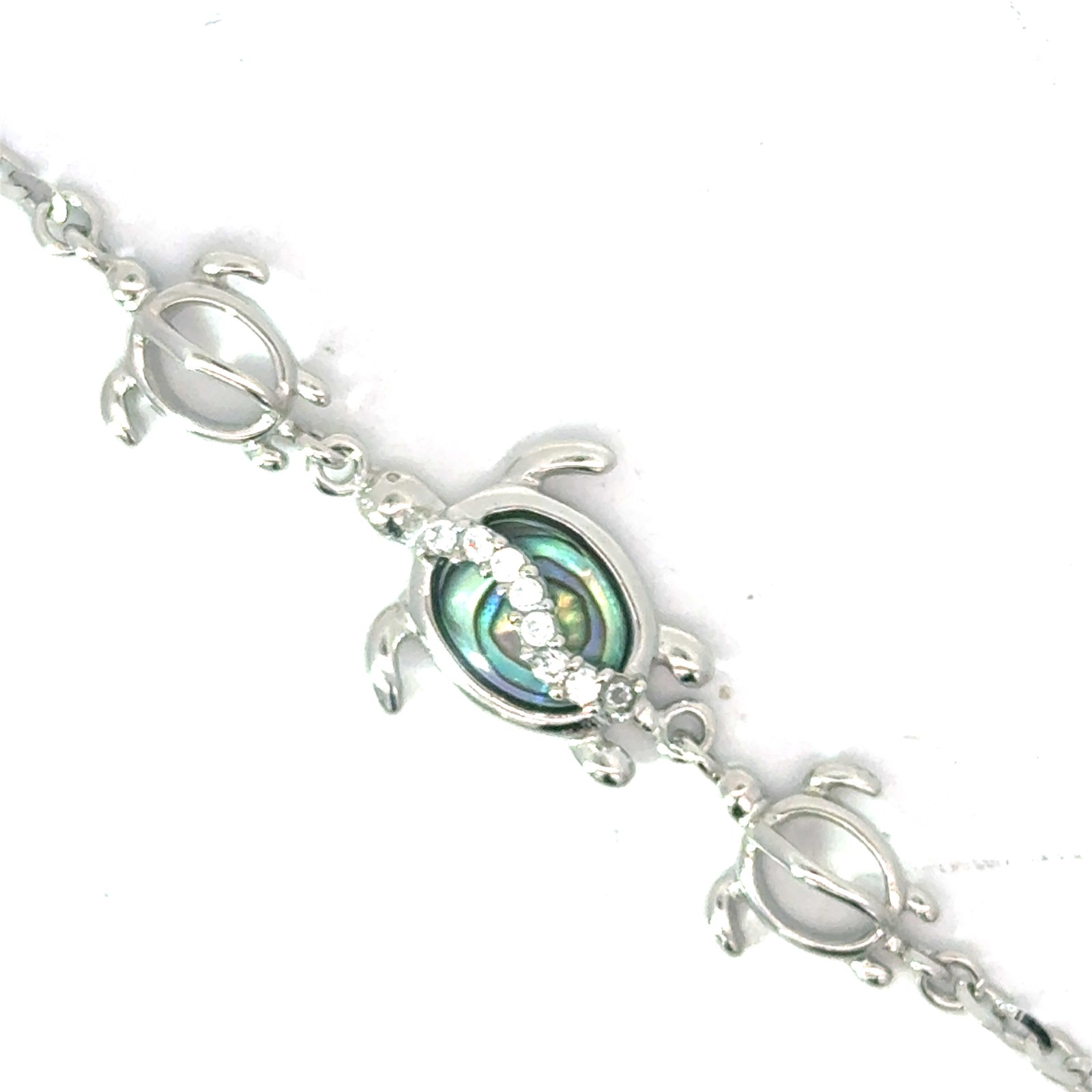 Sterling Silver rhodium plated genuine abalone ankle bracelet with 3 turtles 9-11"