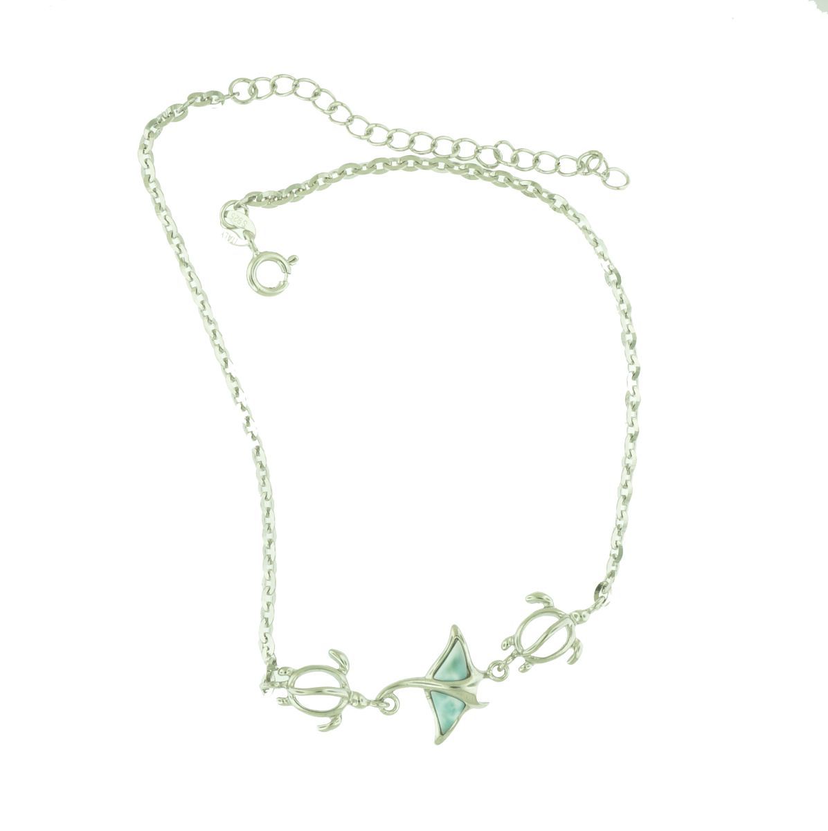Sterling Silver rhodium plated genuine larimar mmanta ray and turtle ankle bracelet 9" plus 2" extention