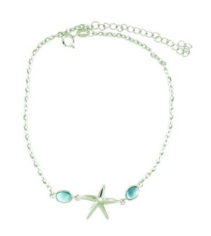 sterling silver starfish and genuine larimar starfish 9" ankle bracelet with 2" extender