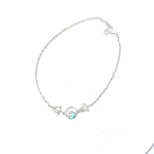 Sterling Silver rhodium plated genuine larimar wave and turtle ankle bracelet 11"