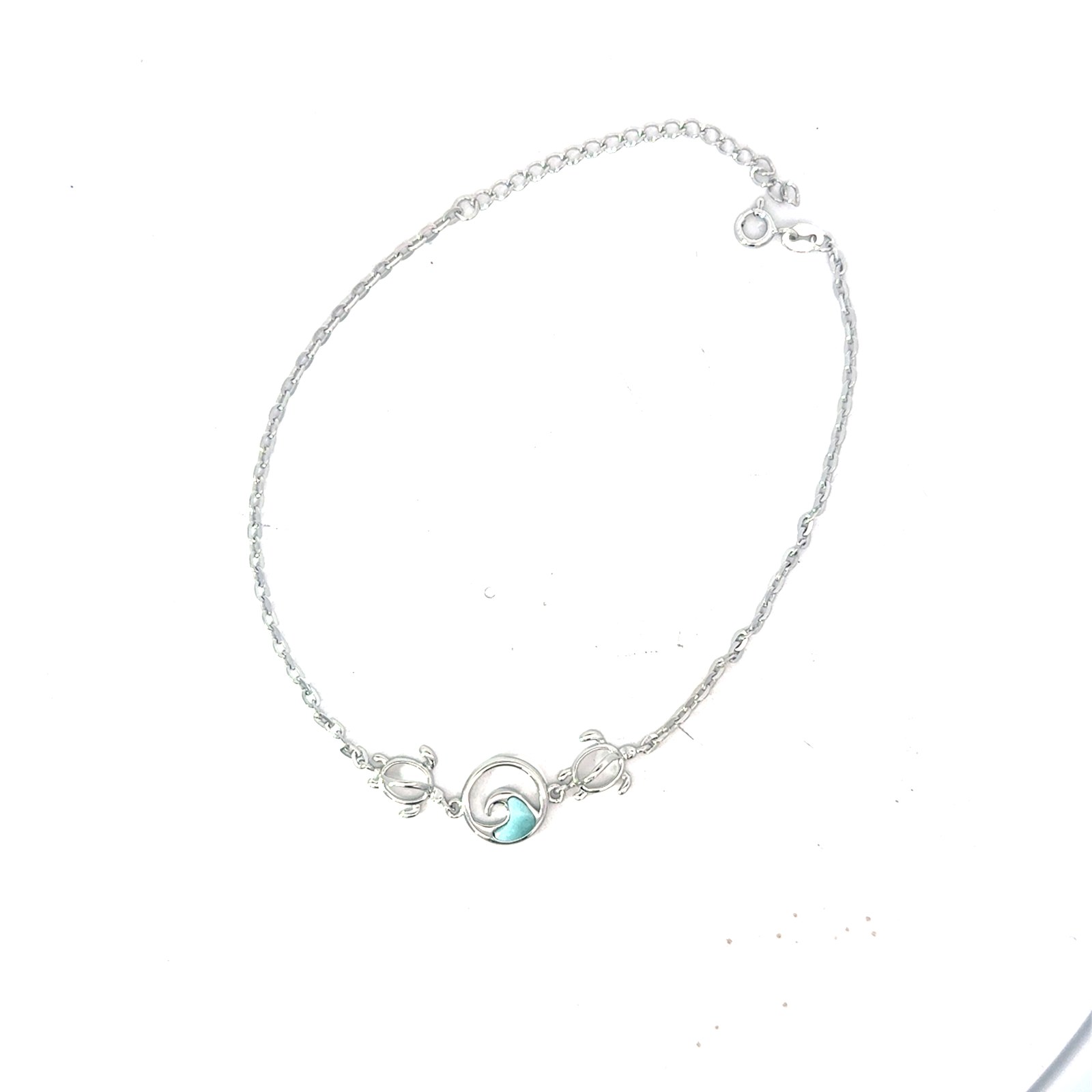 SSA LR WV .jpg Sterling Silver rhodium plated genuine larimar wave and turtle ankle bracelet 11"