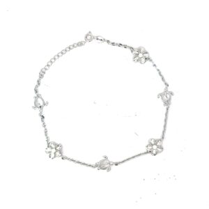 Sterling Silver rhodium plated 8mm cz flower and turtle ankle bracelet 9-11"