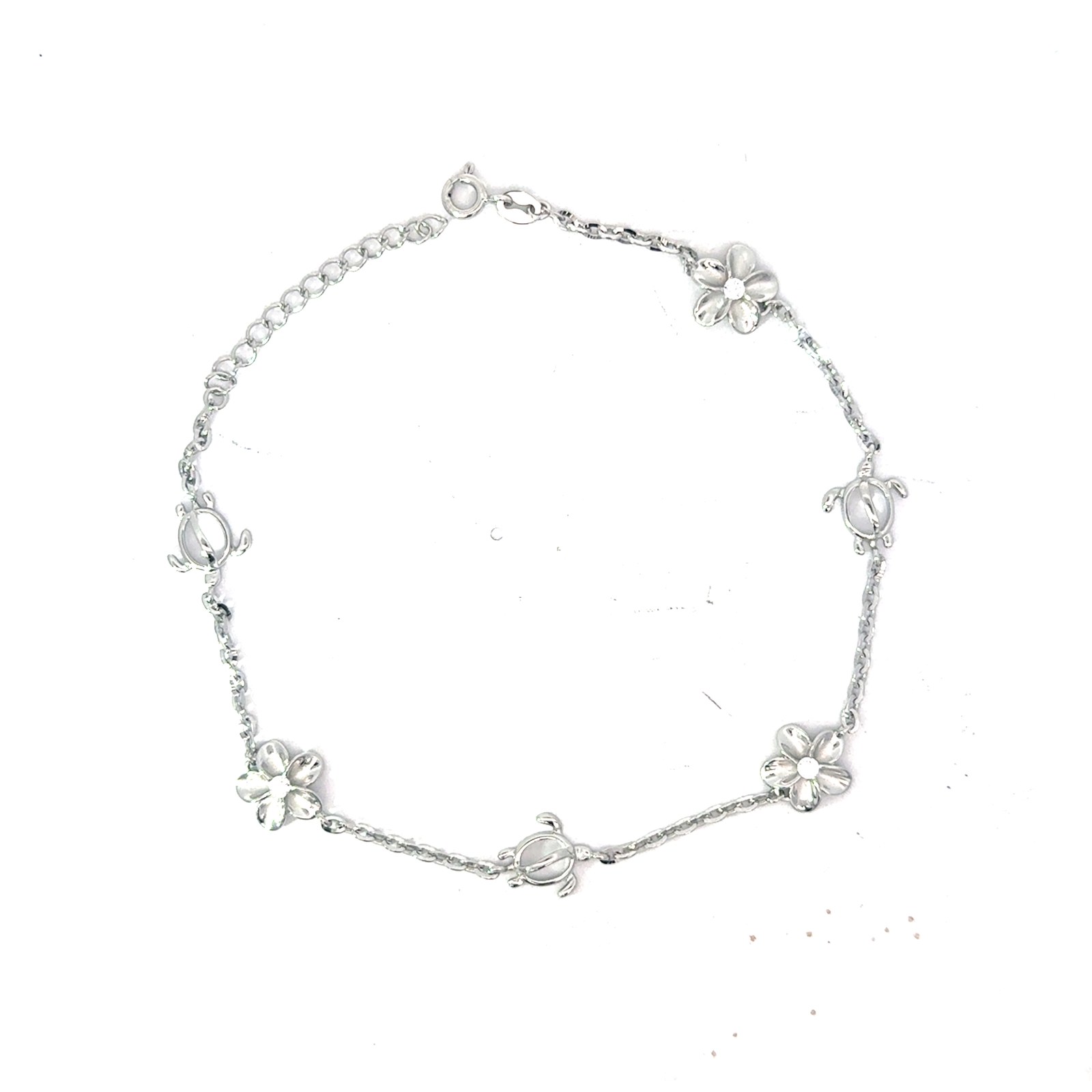 SSA S FT .jpg Sterling Silver rhodium plated 8mm cz flower and turtle ankle bracelet 9-11"