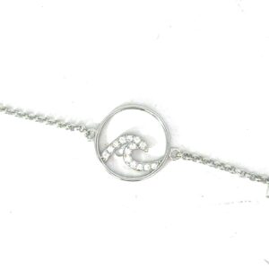 Sterling Silver rhodium plated wave ankle bracelet with cubic zirconia adjustable