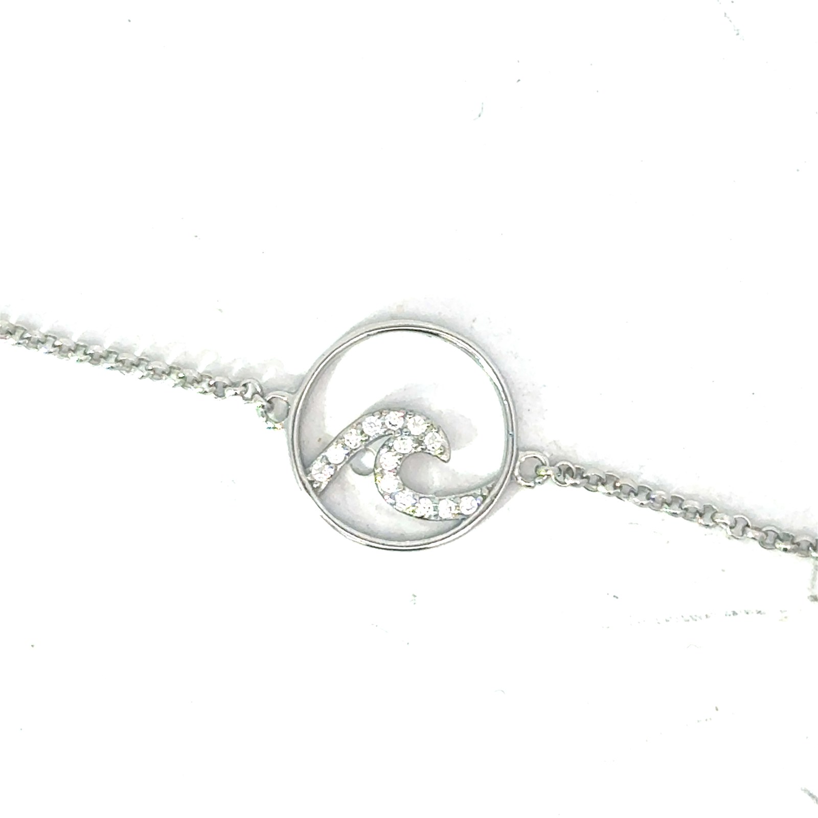 SSA WV .jpg Sterling Silver rhodium plated wave ankle bracelet with cubic zirconia adjustable