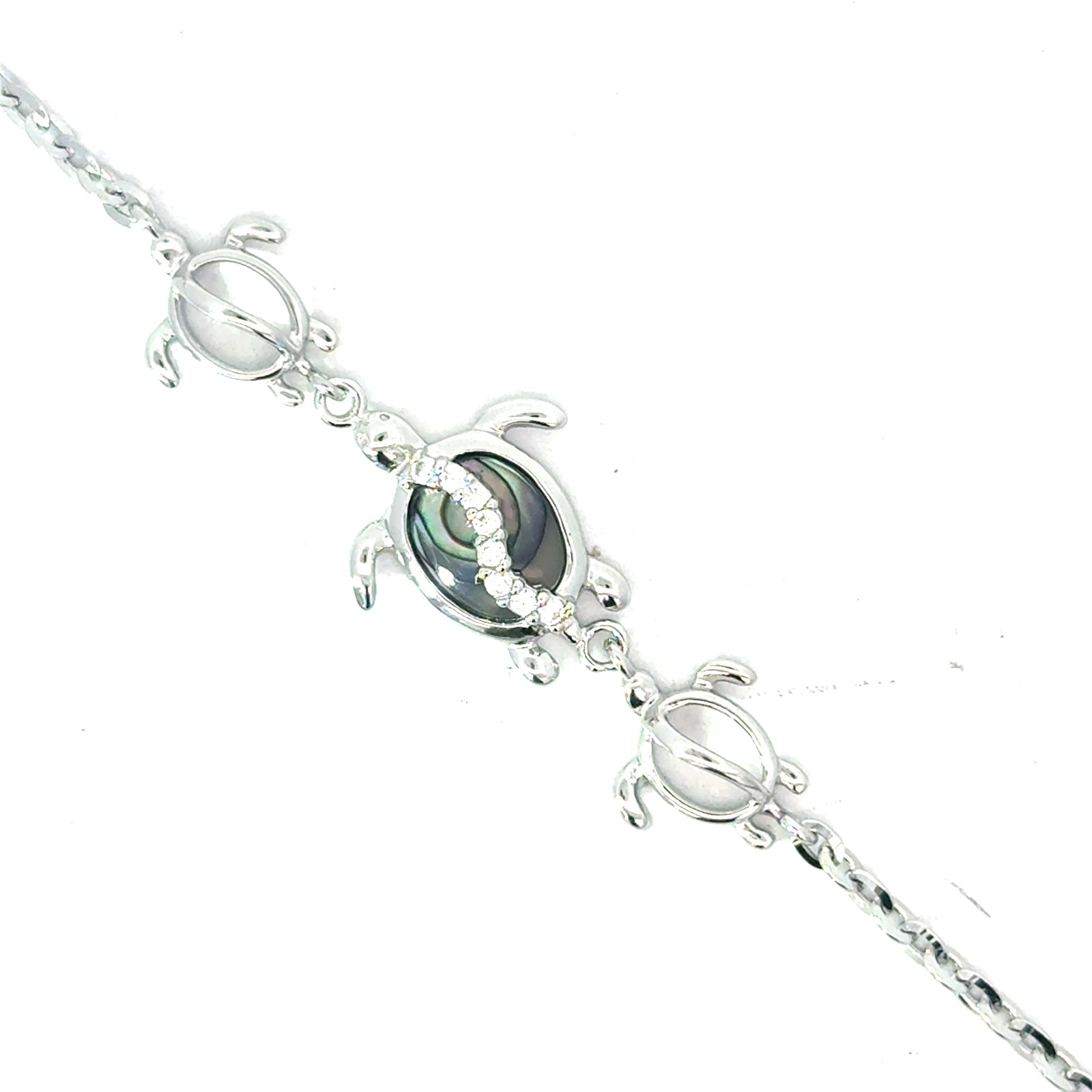 SSB AT .jpg Sterling Silver genuine abalone and cz turtle bracelet adjust 7"
