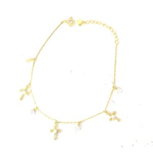 Sterling silver gold plated dangle cross and cz bracelet with spring ring