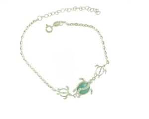 Sterling Silver genuine larimar and cz tripple turtle ankle bracelet adjust
