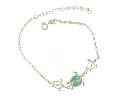 SSB LR T .jpg Sterling Silver genuine larimar and cz tripple turtle ankle bracelet adjust