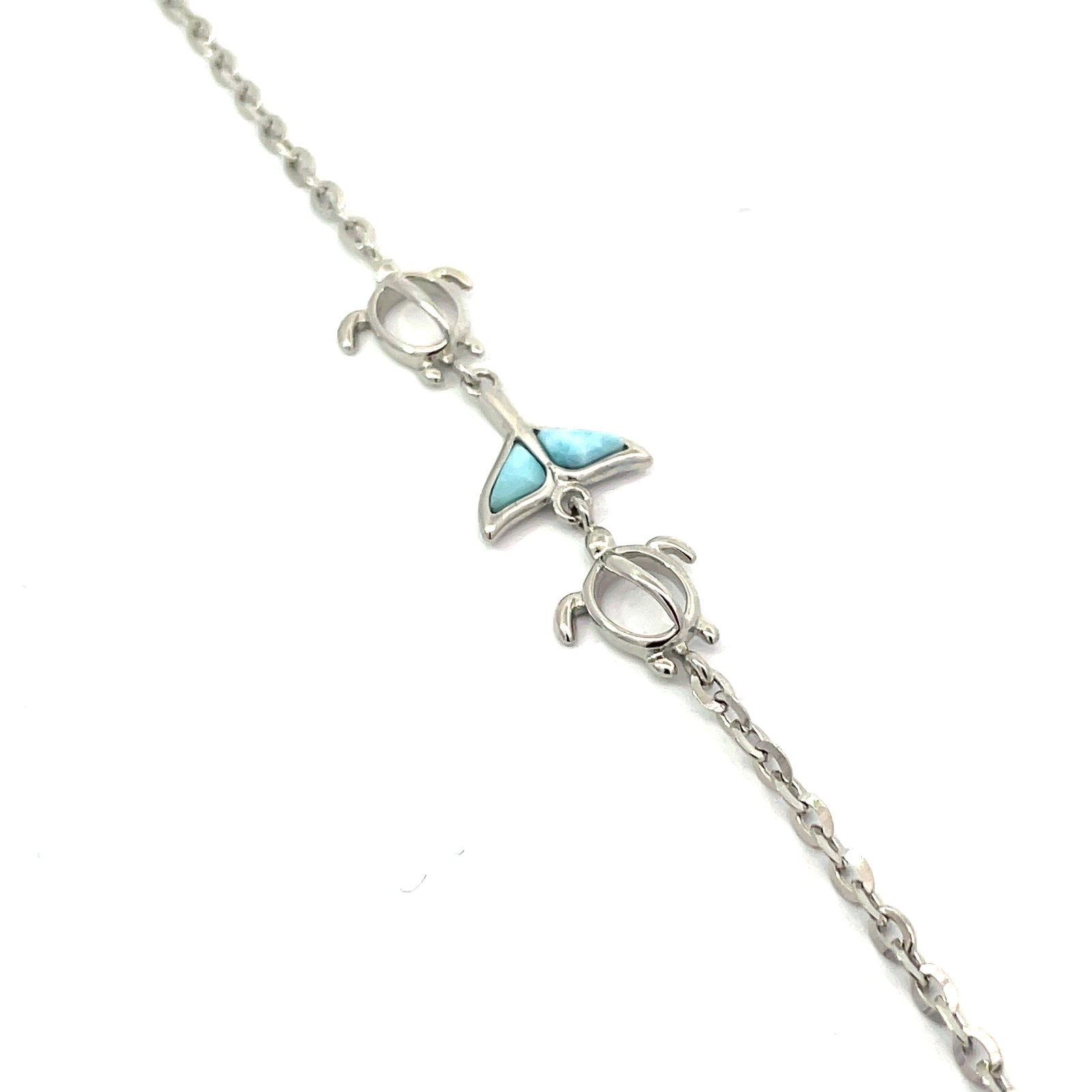 SSB LR W .jpg Sterling Silver genuine larimar whales tail and turtle bracelet adjust. 7"
