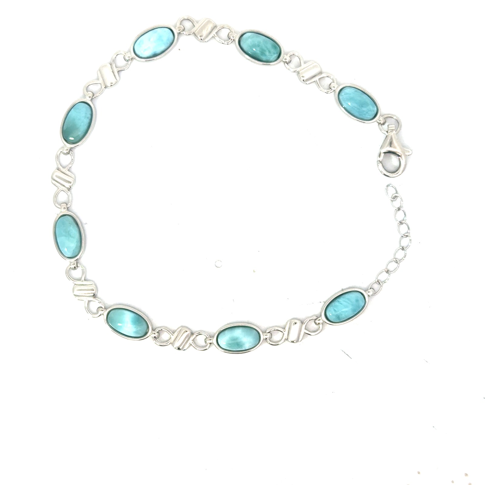 SSB LROV .jpg Silver Silver rhodium plated genuine oval larimar bracelet with claw catch closure