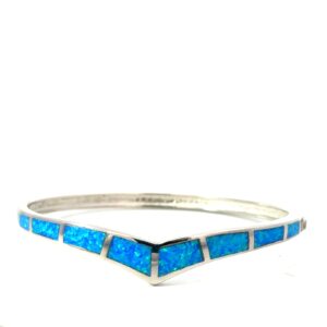 Sterling Silver rhodium plated created blue opal V shape bangle bracelet