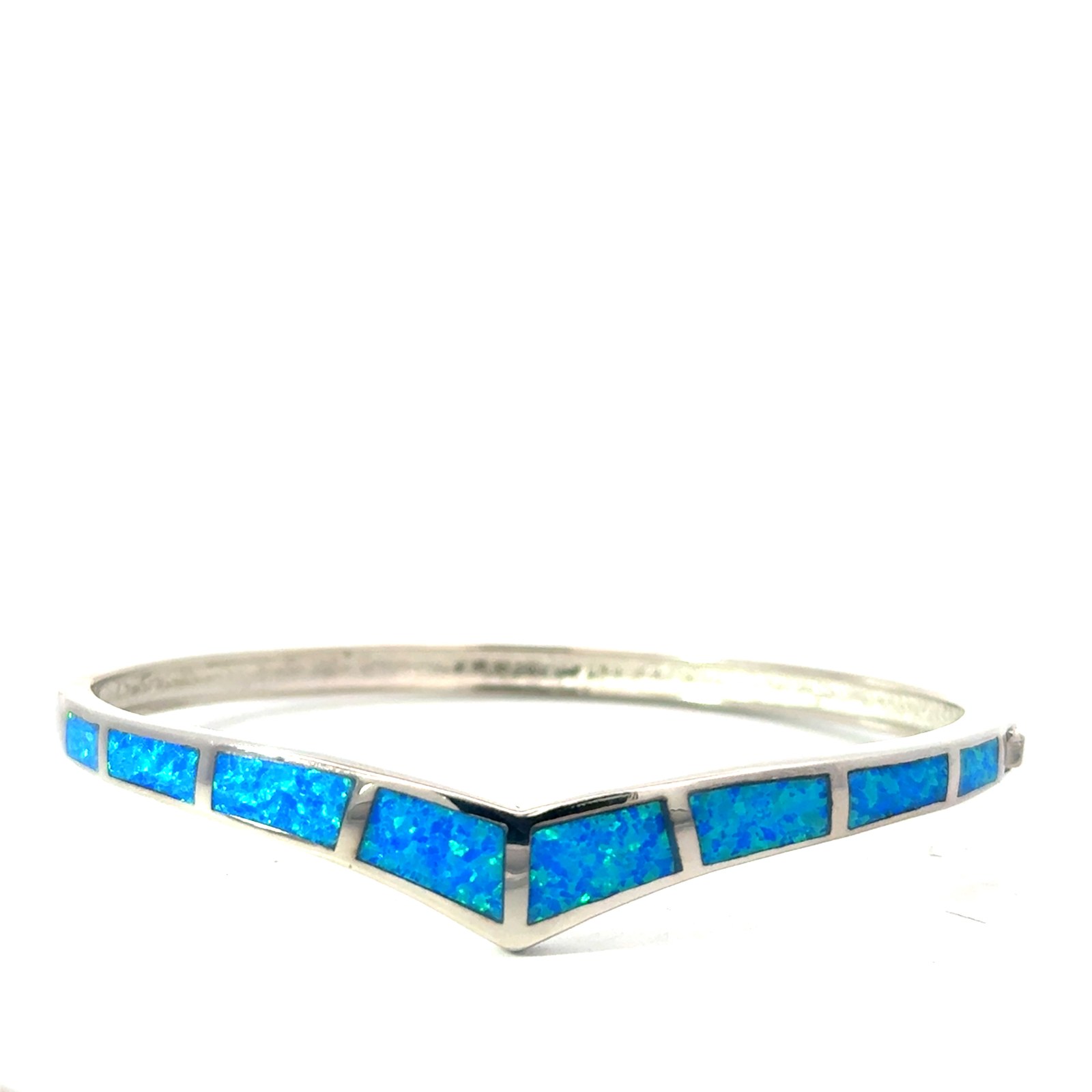 Sterling Silver rhodium plated created blue opal V shape bangle bracelet