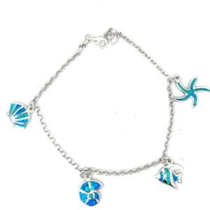 Sterling Silver rhodium plated created blue opal nautical dangle charm bracelet