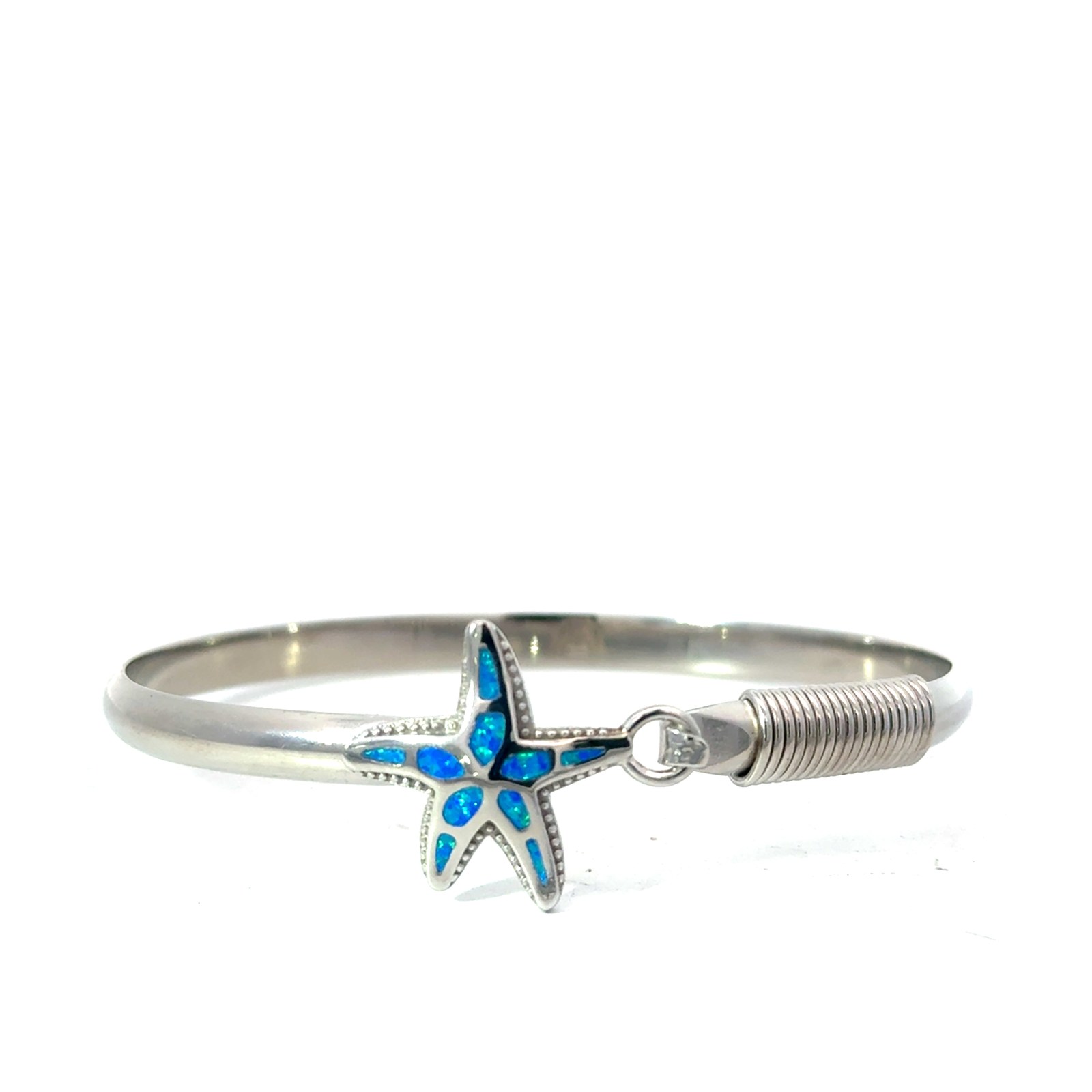 Sterling Silver rhodium plated created blue opal starfish wrap hook bracelet