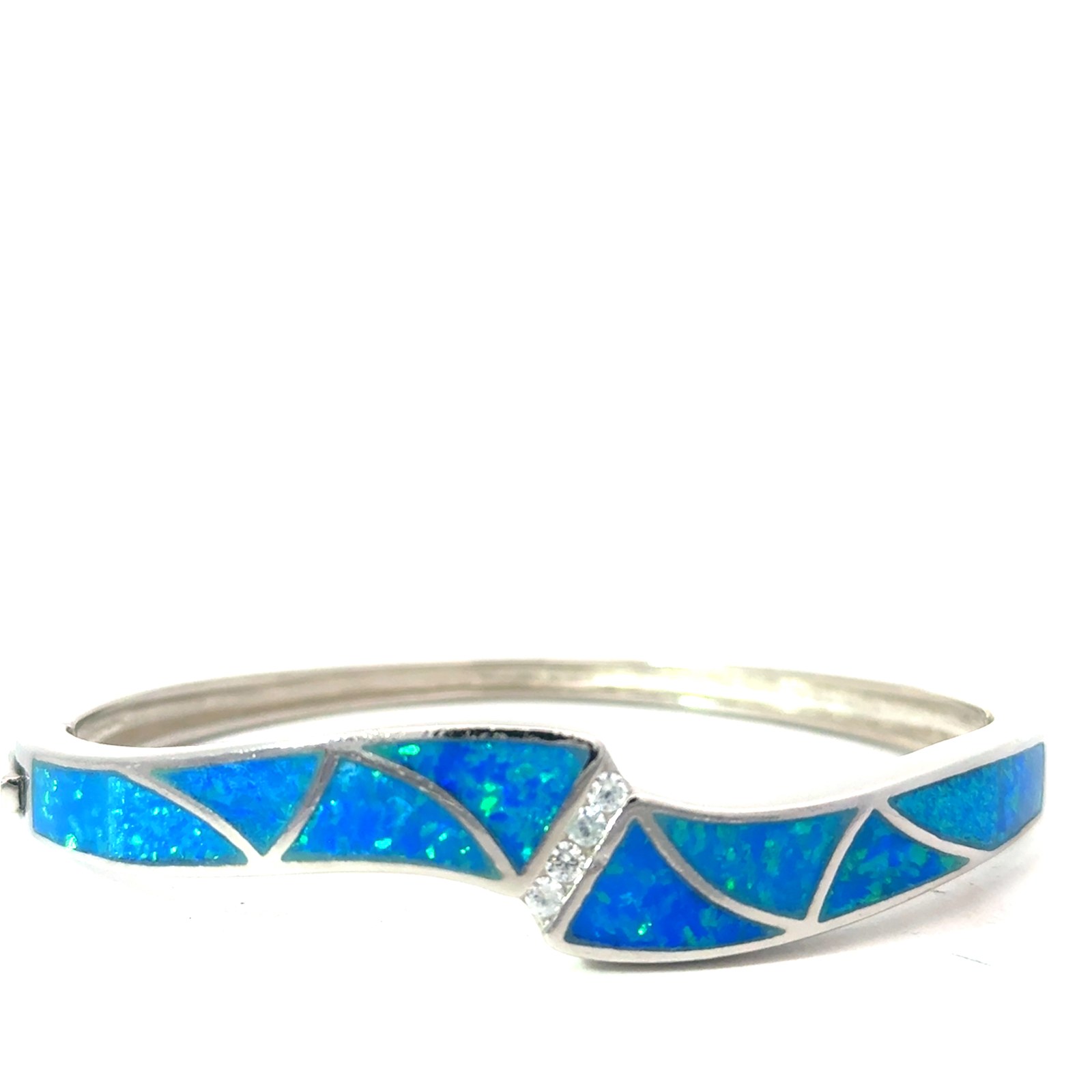 Sterling Silver rhodium plated created blue opal and cz bangle bracelet
