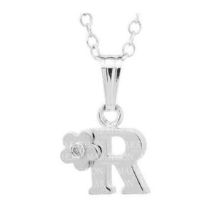 Sterling Silver Childs Inital R With Small Diamond In Flower Pendant