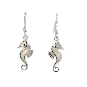 Sterling Silver created white opal inlay seahorse dangle earring on fish hook
