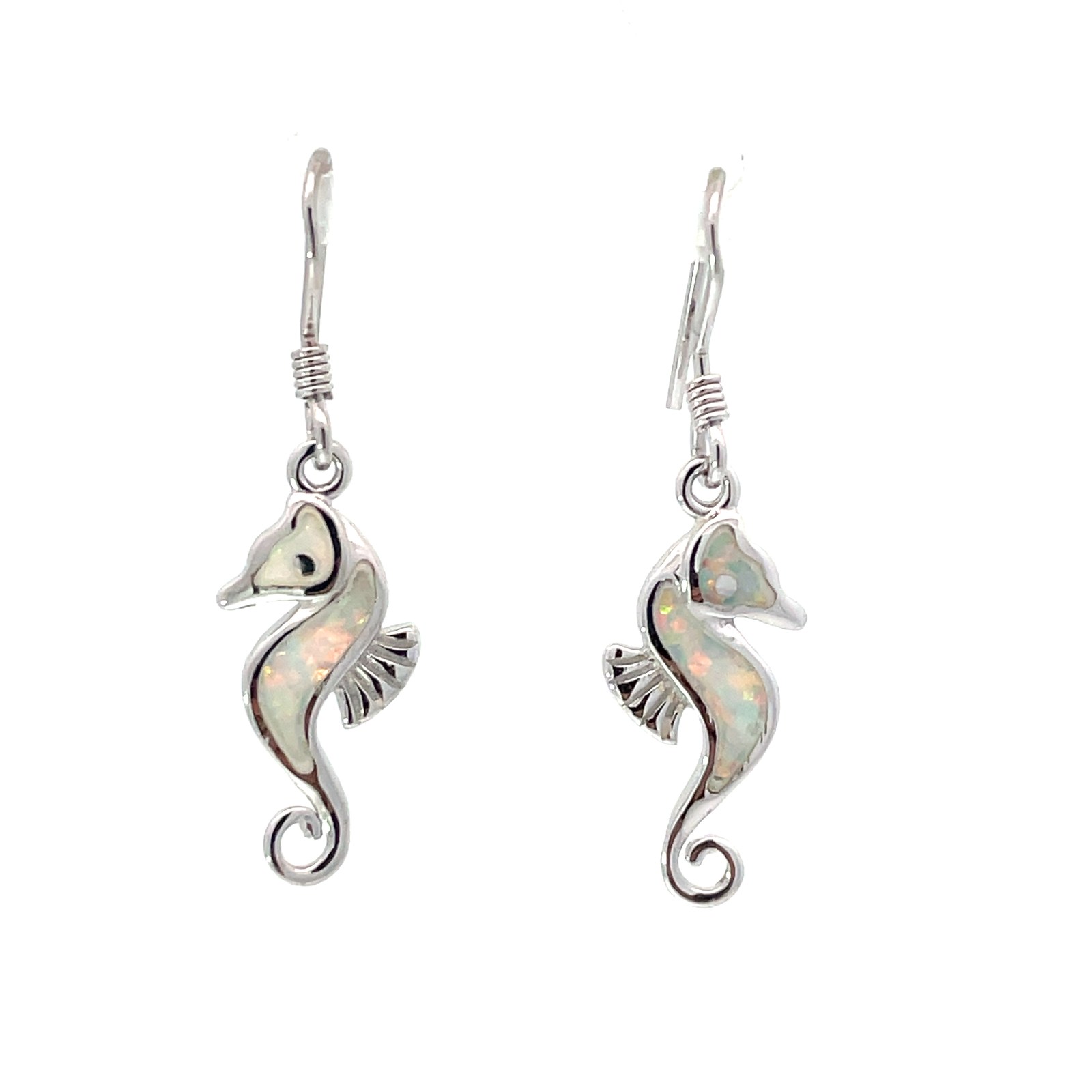 SSE CWSH .jpg Sterling Silver created white opal inlay seahorse dangle earring on fish hook