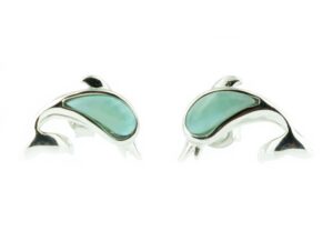 Sterling Silver rhodium plated genuine larimar dolphin stud earrings