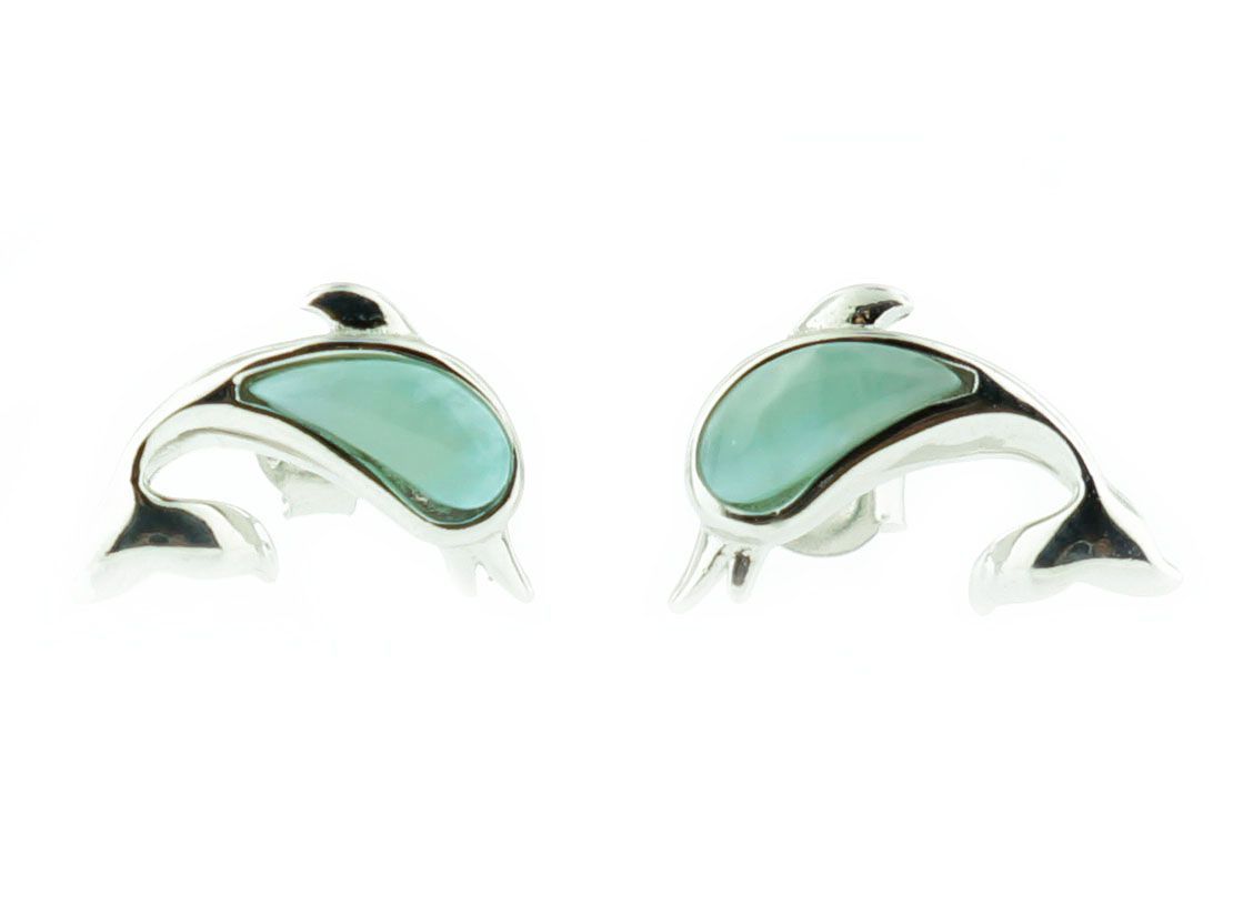 Sterling Silver rhodium plated genuine larimar dolphin stud earrings