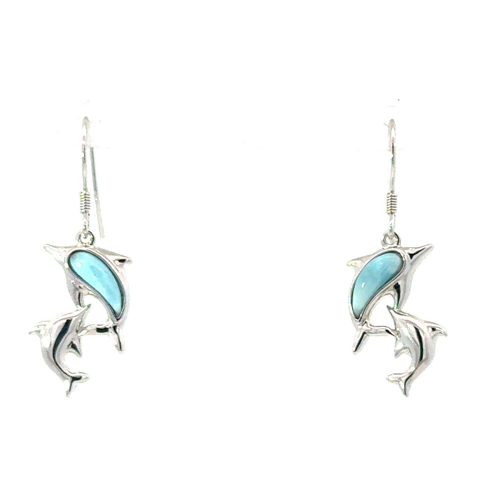 SSE LR D H .jpg Sterling Silver double dolphin and larimar dangle earrings