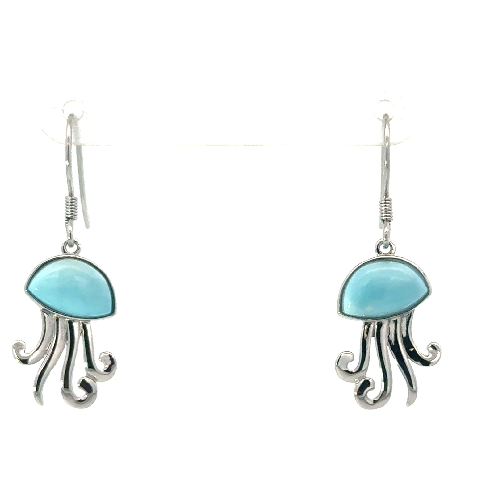 SSE LRJF H .jpg Sterling Silver Rhodium Plated genuine larimar dangle jelly fish earrings on fish hooks