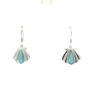 Sterling Silver rhodium plated genuine larimar dangle shell earring on fish hook