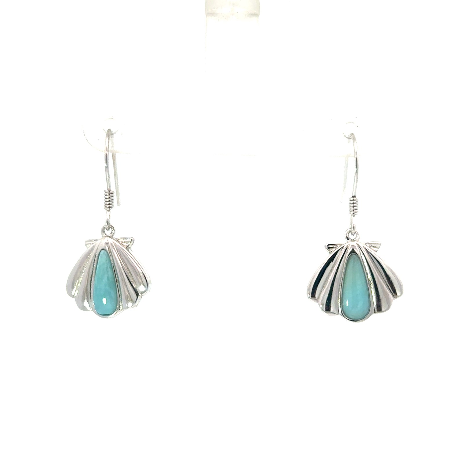 Sterling Silver rhodium plated genuine larimar dangle shell earring on fish hook